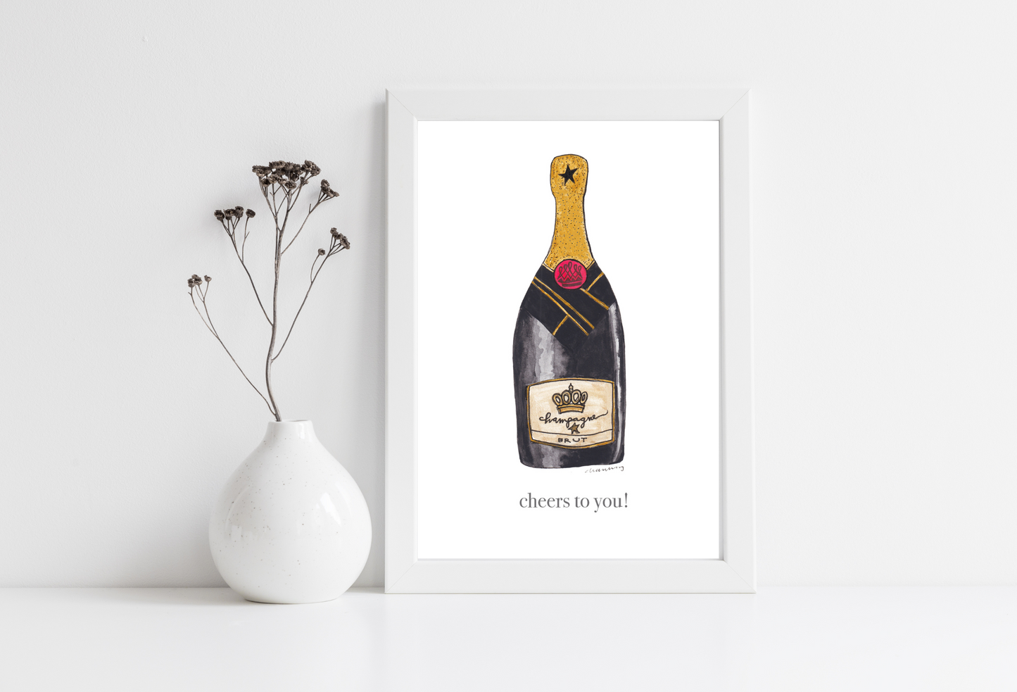 greeting card with a painting of a champagne bottle and text that reads "cheers to you!" copyright channing gibb art