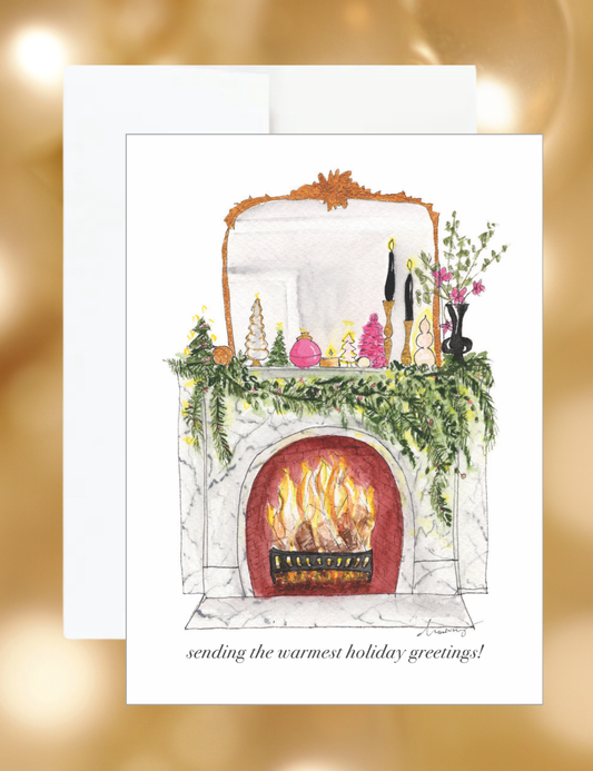 Cozy Pink Fireplace Christmas Cards