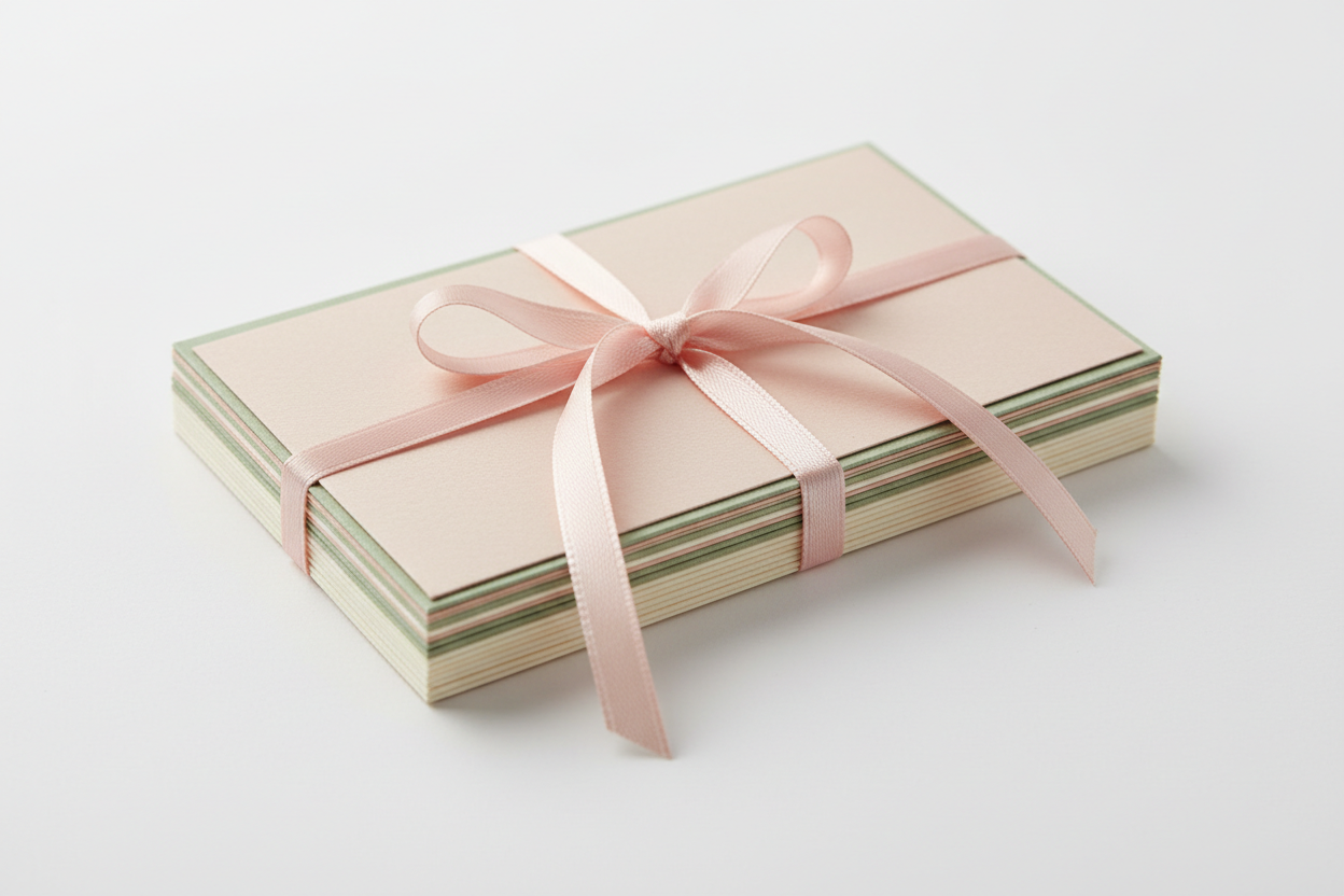 show a thin pink ribbon wrapped around a set of greeting card