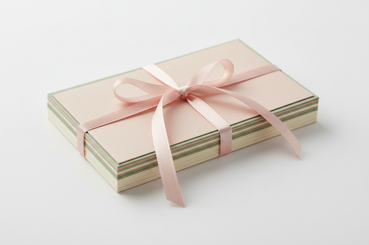 show a thin pink ribbon wrapped around a set of greeting card